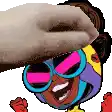 a cartoon character wearing sunglasses and a mask is being scratched by a cat .