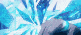 a person is standing in front of a blue background with a lot of pieces of ice coming out of it