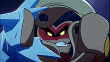 a cartoon drawing of a robot with a blue helmet and yellow eyes