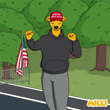 a yellow dog wearing a make the great again hat