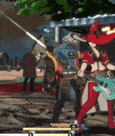 a video game scene with a witch playing a guitar and a man holding a gun