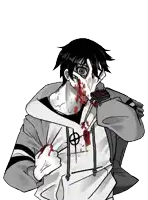 a black and white drawing of a person with blood on his face