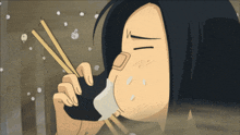 a cartoon of a person eating with chopsticks