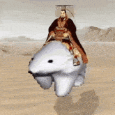 a man wearing a crown is riding on the back of a polar bear