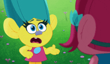 a troll with blue hair is talking to a pink troll