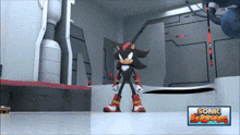 shadow the hedgehog is standing in a room with a sonic boom logo in the corner