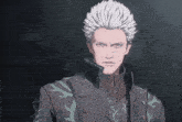 a man with white hair is wearing a black jacket with green buttons