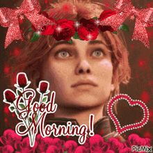 a picture of a girl with red roses on her head and the words good morning