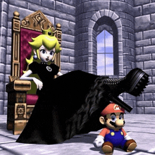 princess peach sits on a throne next to mario in a video game