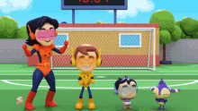 a group of cartoon characters on a soccer field with a scoreboard behind them