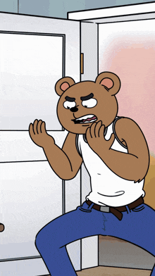 a cartoon bear is standing in front of a door