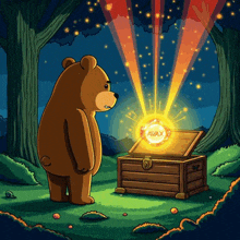 a teddy bear is looking at a treasure chest with a vavax logo on it