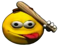 a yellow smiley face is sticking its tongue out and holding a bat .