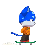 a blue cat is riding a green skateboard with the letter i on it