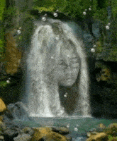 a painting of a waterfall with a woman 's face in the water .