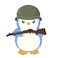 a cartoon penguin wearing a helmet and holding a rifle