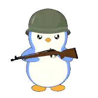 a cartoon penguin wearing a helmet and holding a rifle