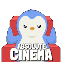 a blue penguin sits on a red couch with the words absolute cinema behind it