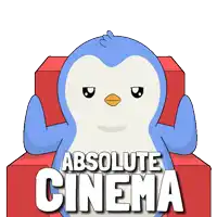 a blue penguin sits on a red couch with the words absolute cinema behind it