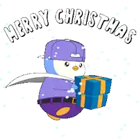 a penguin in a purple hat is holding a stack of presents and the words merry christmas are above him