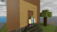 a girl in a rainbow outfit stands in front of a wooden house