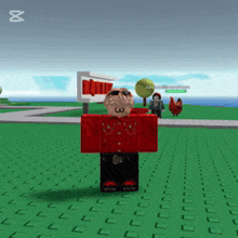 a person in a red shirt is standing in front of a sign that says ' i love you '