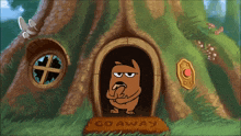 a cartoon character is standing in a doorway with a go away mat in front of it