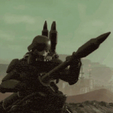 a man in a gas mask is holding a rocket