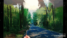 a painting of a road going through a forest with the words made in animotica below it