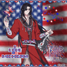 a pixel art of a man holding a firework display with the words happy july 4th written on it