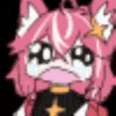 a pixel art drawing of a girl with pink hair and a star on her head crying .