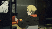 a cat is sitting on a shelf next to a boy with a hoodie