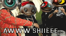 a group of people with pool balls on their heads and the words awwww shiieee on the bottom