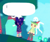 a cartoon character with a speech bubble with the letter i on it