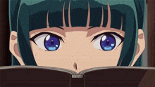 a girl with blue eyes is reading a book with a barcode