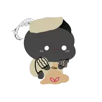 a cartoon drawing of a black cat with a feathered hat