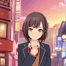 a girl in a school uniform is standing in front of a building that says cafe