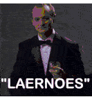 a man in a tuxedo is holding a glass of whiskey and says " laernoes "