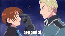 a man touches another man 's forehead with the words aoq and al on the bottom