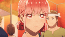 a close up of a girl with pink hair