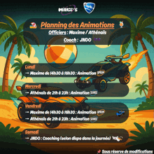 an advertisement for mirage 's planning des animations shows a rocket league car