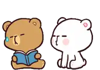 a brown teddy bear is reading a book while a white teddy bear is kissing it .