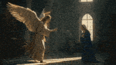 a woman in a blue robe stands next to an angel with large wings
