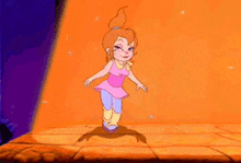 a cartoon girl is dancing on a stage in a pink dress and blue tights .