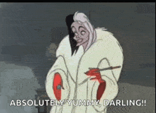 cruella de vil from disney 's beauty and the beast is wearing a fur coat and holding a cigarette holder .