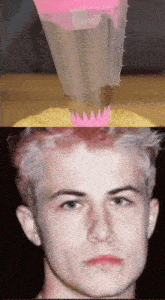a close up of a pink piping bag and a close up of a person 's face