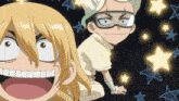 a cartoon drawing of a boy and a girl with a star in the background