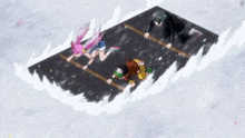 a group of cartoon characters are crawling on a snowy surface