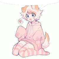 a drawing of a dog wearing a pink hoodie and striped socks