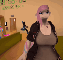a woman with pink hair is standing in front of a digital clock that says 2:08